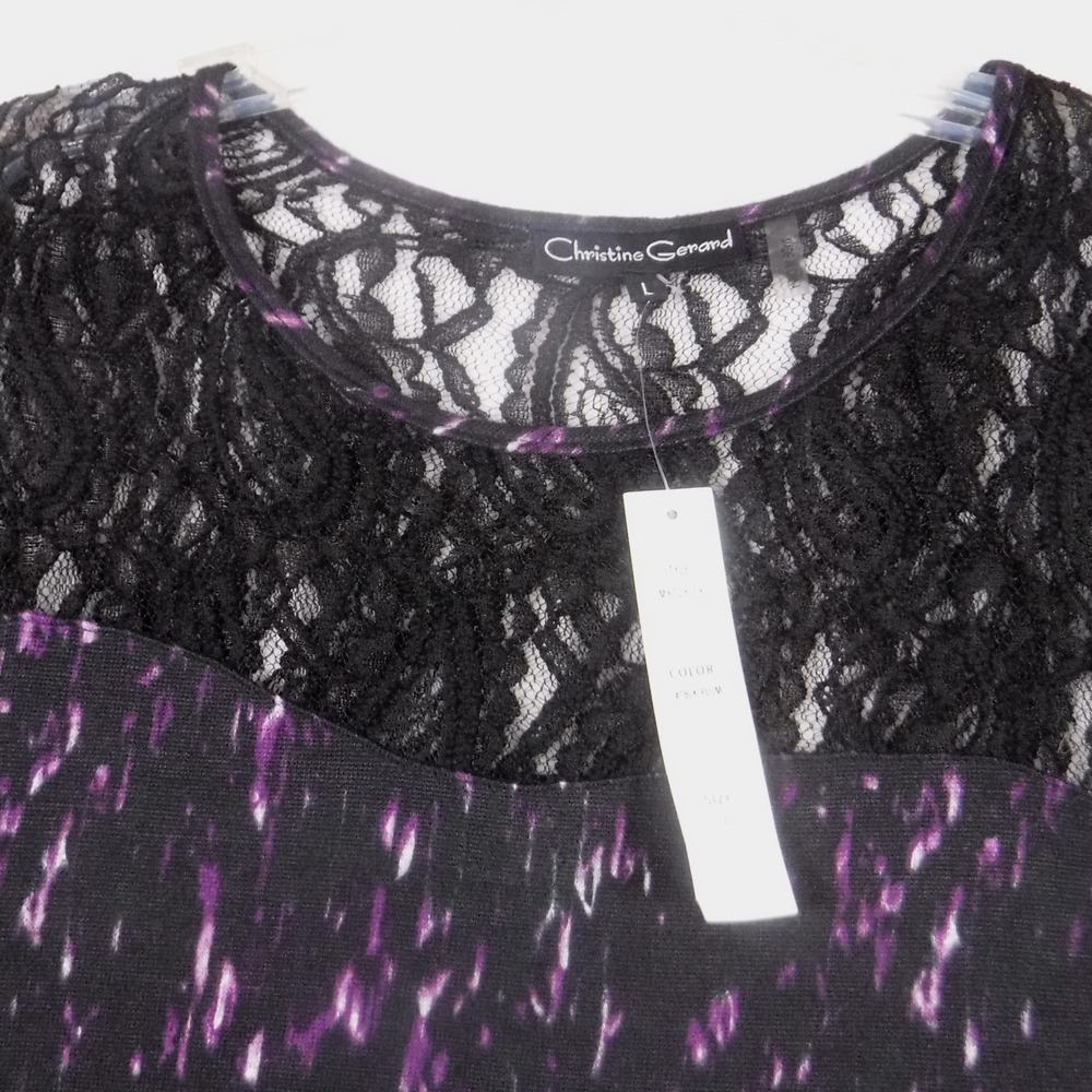 Christine Gerard Womens Large Black Plum Purple Lace Yoke Long Sleeve Tunic Top